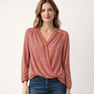 Max Studio Blouse Womens XS Red Geometric Surplice High Low Hem Long Sleeve Top